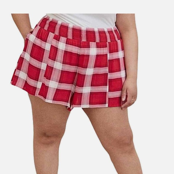 Torrid Plaid High Rise Smocked Waist Gauze Shorts-Red-Women 2X - Picture 1 of 6